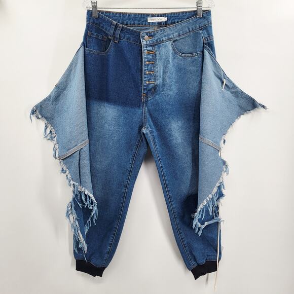 MISSLOOK Blue Asymmetrical Distressed Jeans Button Fly Jogger Style Women's L - Picture 2 of 7